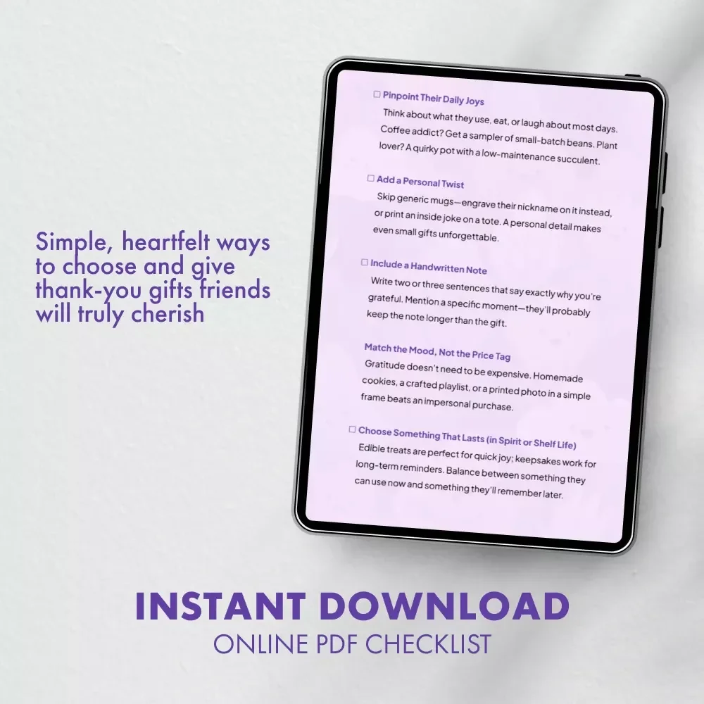 Thank You Gift Checklist for Friends | Printable Guide for Thoughtful & Heartfelt Thank You Gifts for Friends | Digital Download Checklist for Creative, Personal, and Memorable Friendship Gifts