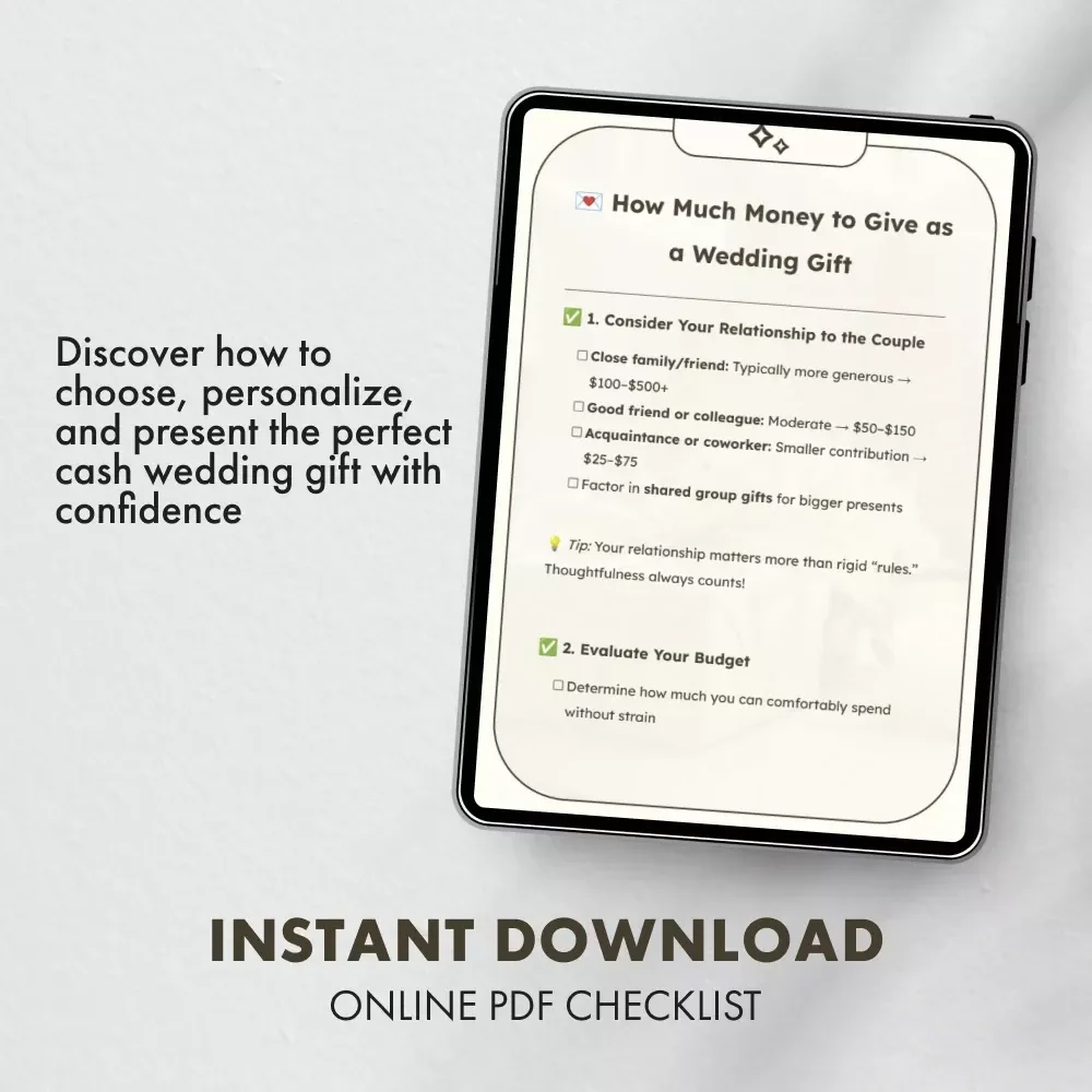 How Much Money to Give as a Wedding Gift | Printable Wedding Gift Etiquette Checklist | Digital Download Guide for Gift Amounts and Presentation Ideas | how much money for wedding gift