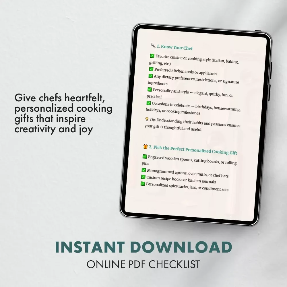 Cooking Gifts That Delight Every Chef | Printable Personalized Cooking Gifts Checklist | Digital Download Gift Guide for Food Lovers