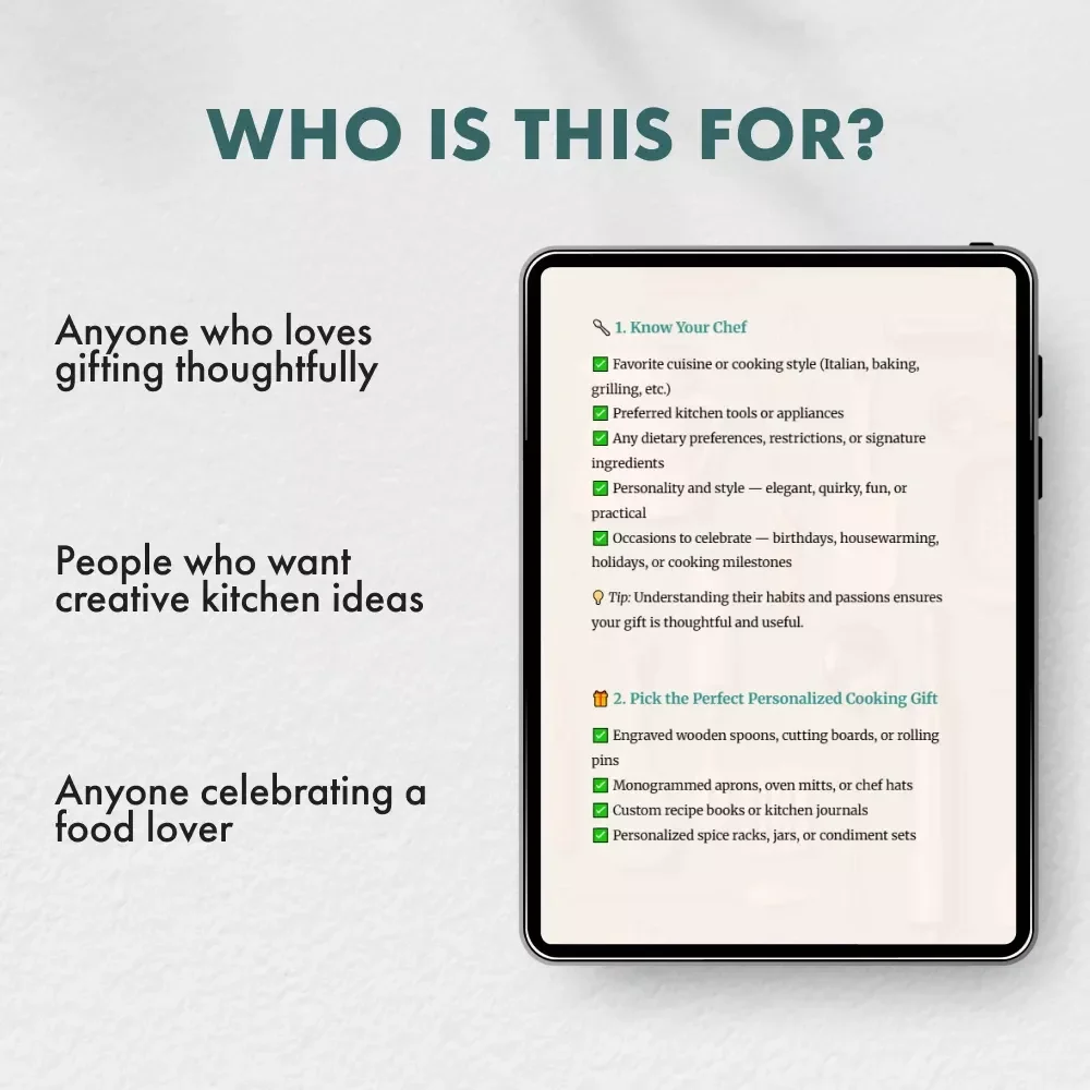 Cooking Gifts That Delight Every Chef | Printable Personalized Cooking Gifts Checklist | Digital Download Gift Guide for Food Lovers