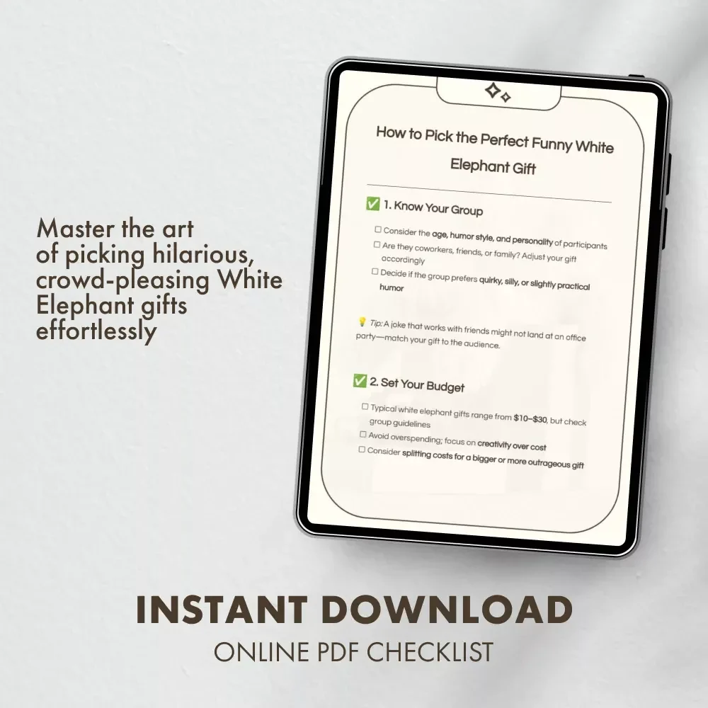 How to Pick the Perfect Funny White Elephant Gift | Printable Holiday Checklist for Funny White Elephant Gifts | Digital Download Party Gift Planner