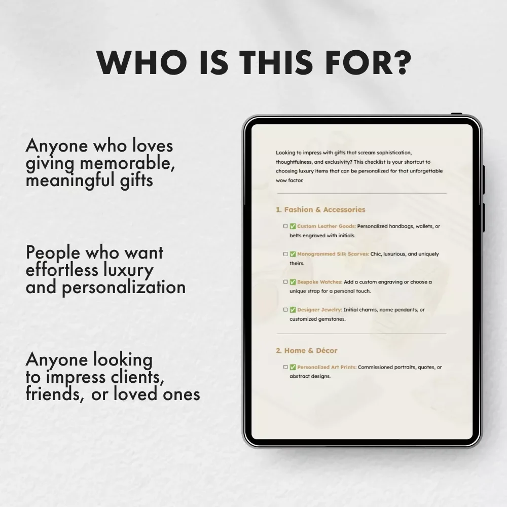 Checklist for Personalized Luxury Gifts | Printable Gift Guide for Sophisticated Shoppers | Digital Download for Choosing Thoughtful & Exclusive Personalized Luxury Gifts