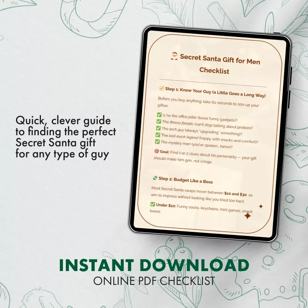 Secret Santa Gift for Men Checklist | Funny, Practical & Easy Gift Ideas for Him | Printable Digital Download for Secret Santa Gifts for Men