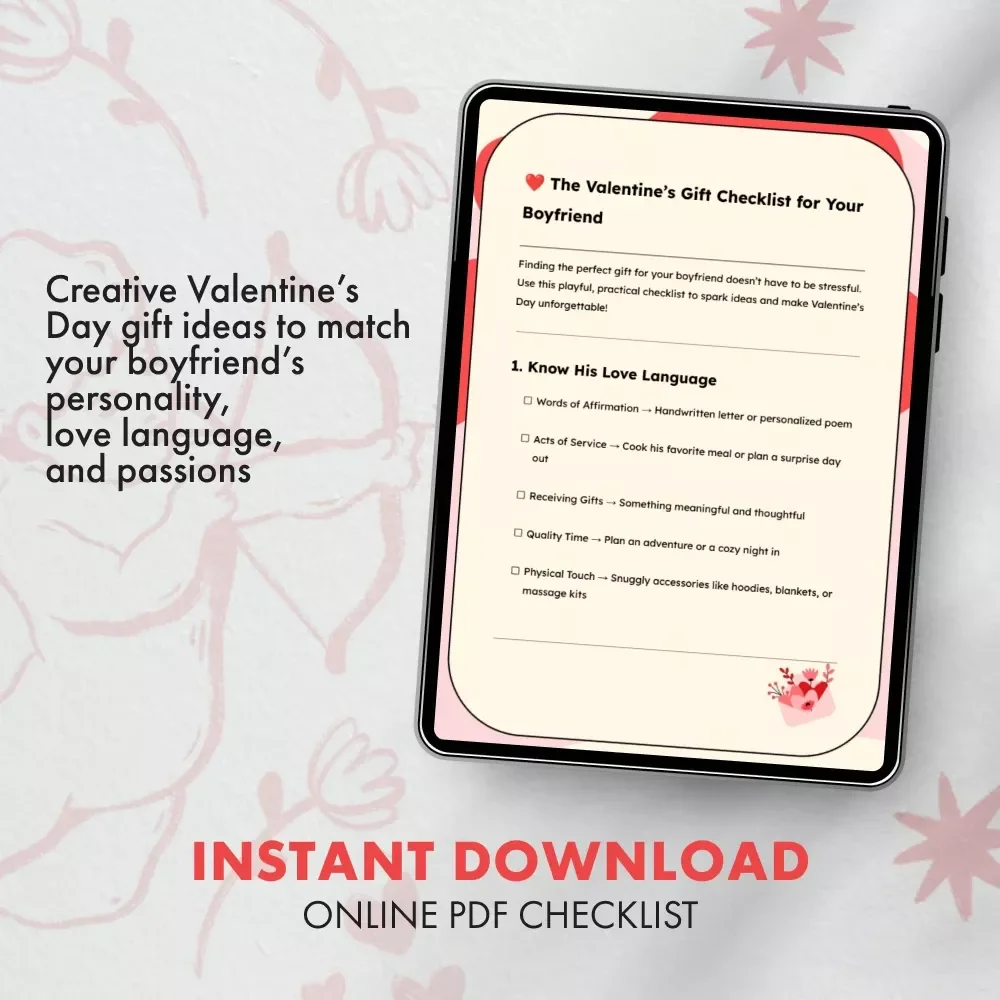 The Valentine’s Gift Checklist for Your Boyfriend | Digital Download | Romantic eBook Guide for the Best Valentine Gift for Boyfriend | Printable Gift Planner & Ideas