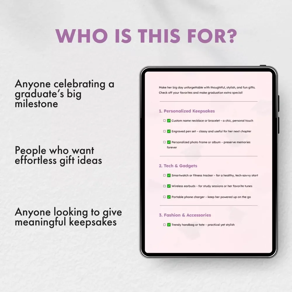 Graduation Gifts Checklist for Her | Ultimate Digital Download Gift Guide | Perfect Graduation Gifts for Her | Printable Checklist for Thoughtful & Unique Presents