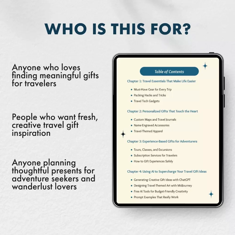 Perfect Gifts for People Who Love to Travel | Digital Gift Guide for Travelers, Wanderlust Lovers, and Adventure Seekers | eBook, Printable PDF, Gift Ideas Using AI Tools