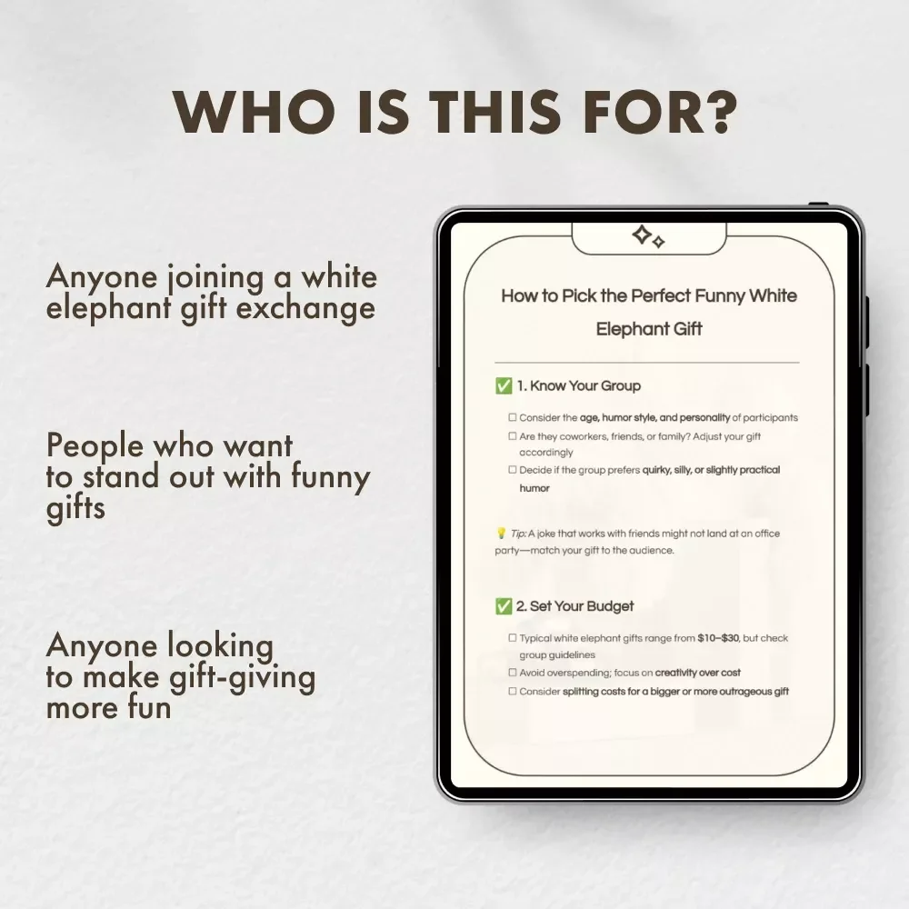 How to Pick the Perfect Funny White Elephant Gift | Printable Holiday Checklist for Funny White Elephant Gifts | Digital Download Party Gift Planner