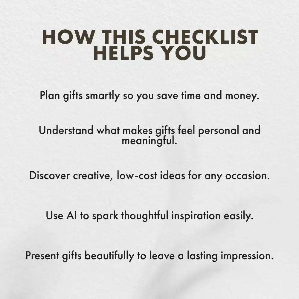 Tips for Cheap but Meaningful Gifts | Budget-Friendly Gift Ideas Checklist | Printable Guide for Thoughtful & Affordable Giving | Holiday, Birthday, DIY Gift Planning List