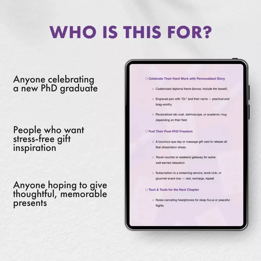 Perfect Gifts for a New PhD Graduate | Printable Checklist for Unique and Thoughtful Gifts for a Doctorate Graduate | Digital Download Guide