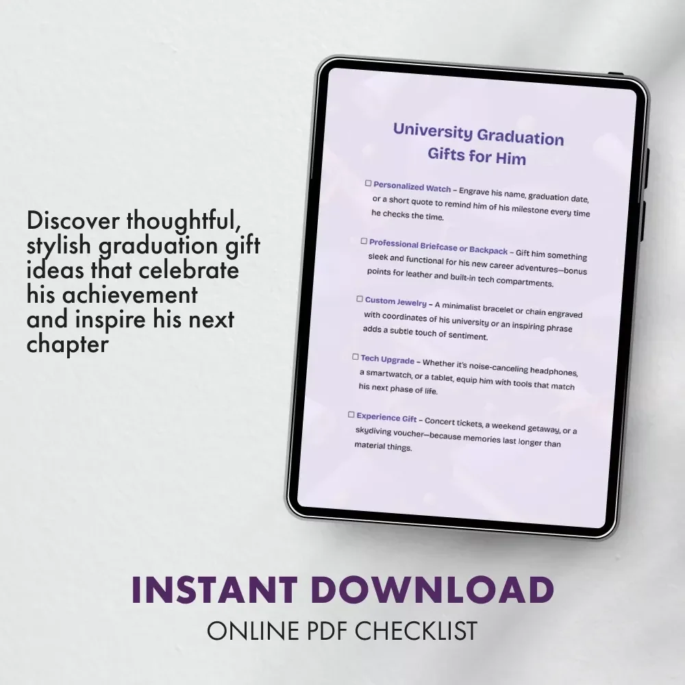 University Graduation Gifts for Him Checklist | Digital Download Graduation Gift Guide for Him | Thoughtful University Graduation Gifts for Him Ideas