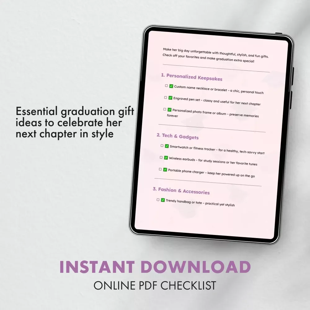 Graduation Gifts Checklist for Her | Ultimate Digital Download Gift Guide | Perfect Graduation Gifts for Her | Printable Checklist for Thoughtful & Unique Presents