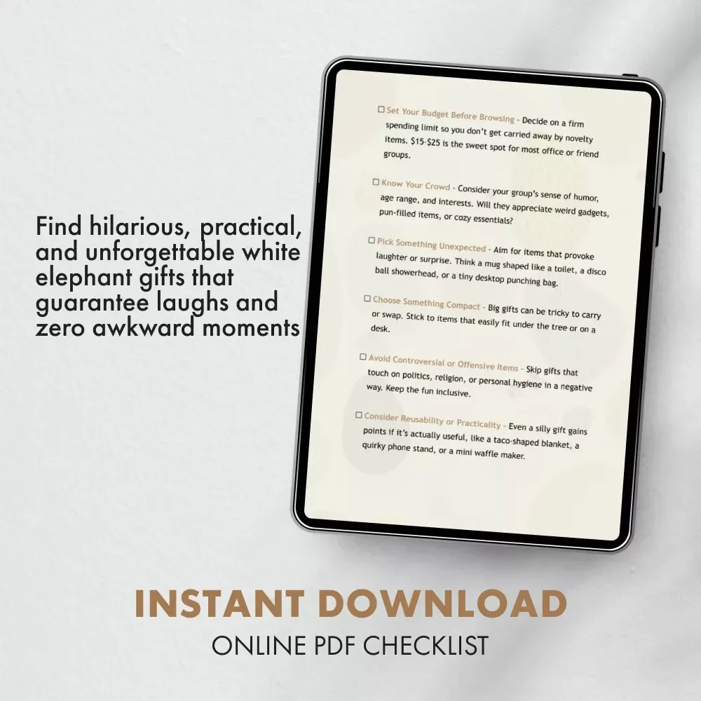 The Quirky White Elephant Gift Checklist | Funny Holiday Gift Ideas | Digital Download of Top White Elephant Gifts Guide