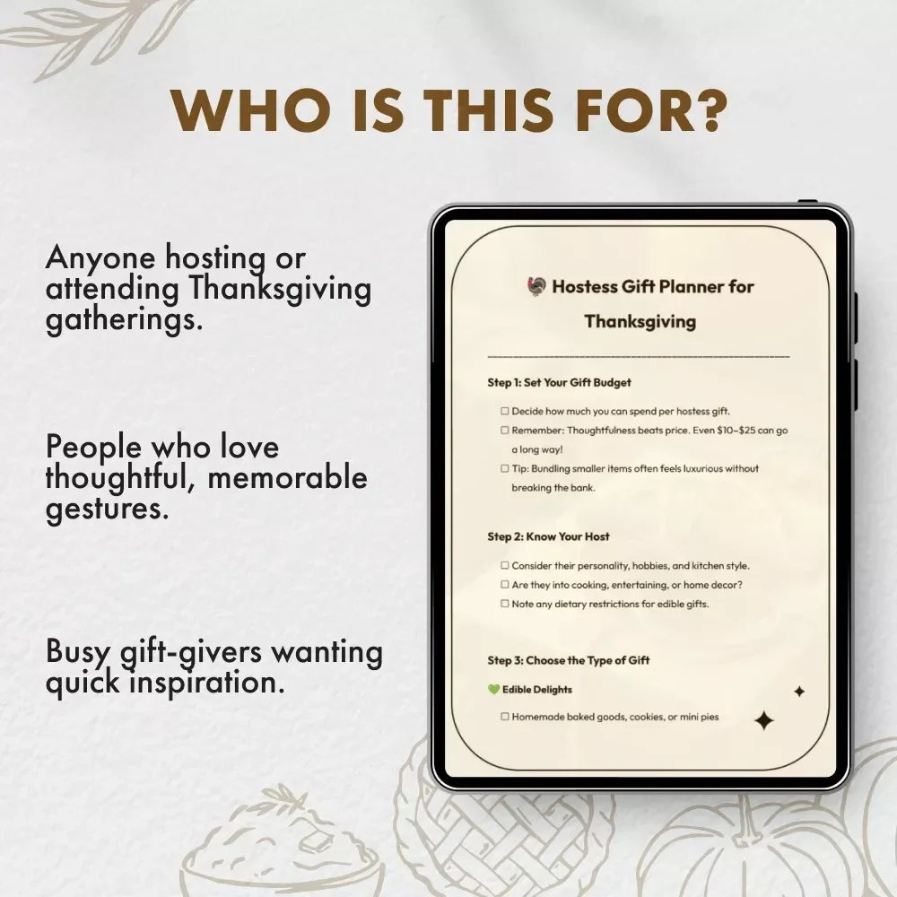 Hostess Gift Planner for Thanksgiving | Printable Checklist for Hostess Gifts for Thanksgiving | Holiday Gift Planning Guide | Digital Download