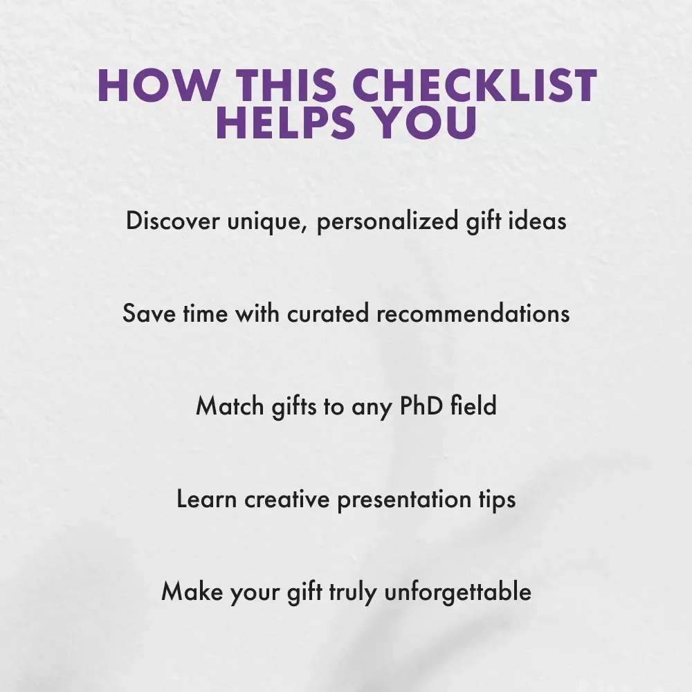 Perfect Gifts for a New PhD Graduate | Printable Checklist for Unique and Thoughtful Gifts for a Doctorate Graduate | Digital Download Guide