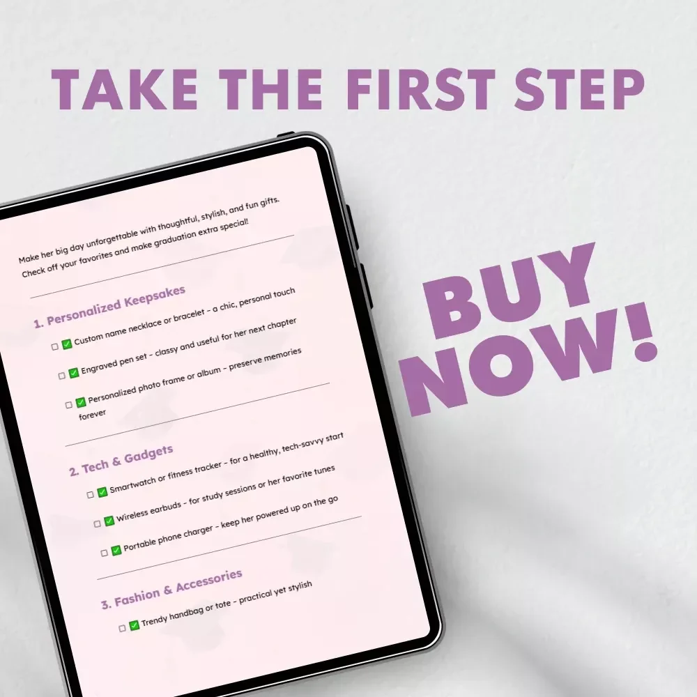 Graduation Gifts Checklist for Her | Ultimate Digital Download Gift Guide | Perfect Graduation Gifts for Her | Printable Checklist for Thoughtful & Unique Presents