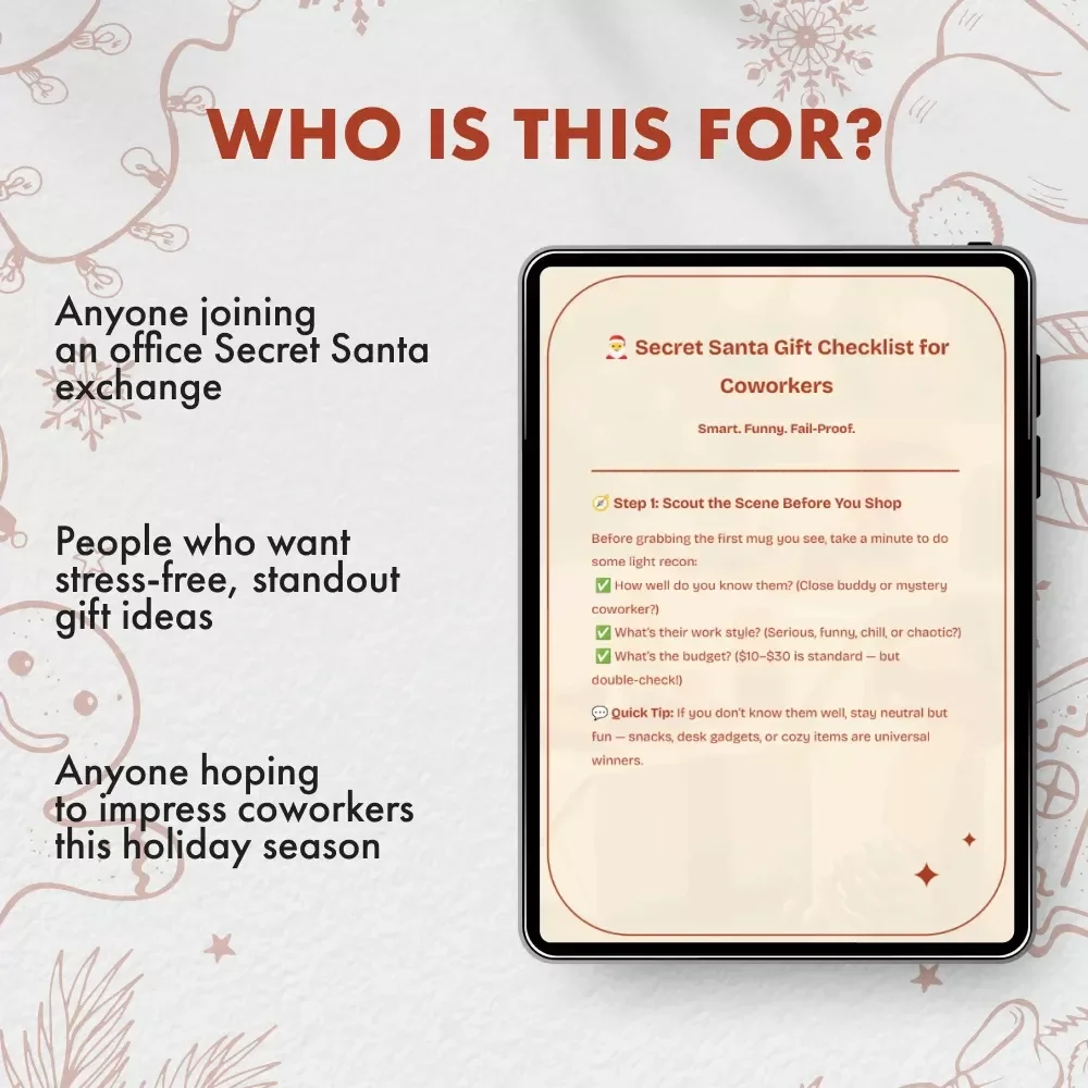 Secret Santa Gift Checklist for Coworkers | Printable Holiday Gift Guide | Fun & Easy Secret Santa Gift Ideas for Coworkers | Digital Download