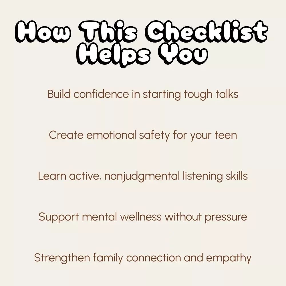 The Teen Talk Toolkit: Your Go-To Checklist for Honest Mental Health Conversations | Printable Digital Download | How to Talk to Your Teen About Mental Health Guide