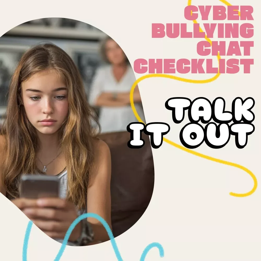 Talk It Out: The Fun & Friendly Cyberbullying Chat Checklist for Parents | Digital Download Guide on How to Talk to Your Child About Cyberbullying | Printable Parenting Resource for Open Conversations
