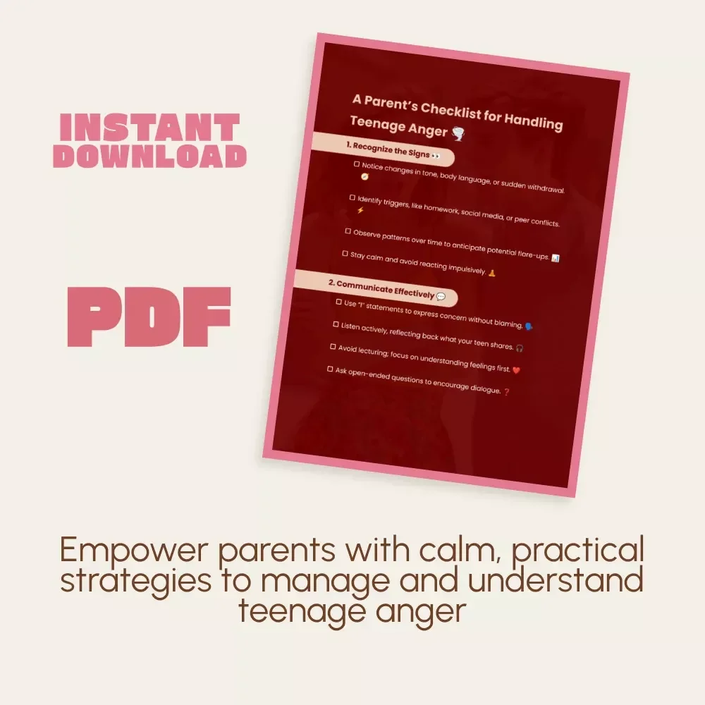 A Parent’s Checklist for Handling Teenage Anger | Printable Digital Download | How to Handle Teenage Anger Guide for Calm Communication, Boundaries & Emotional Support