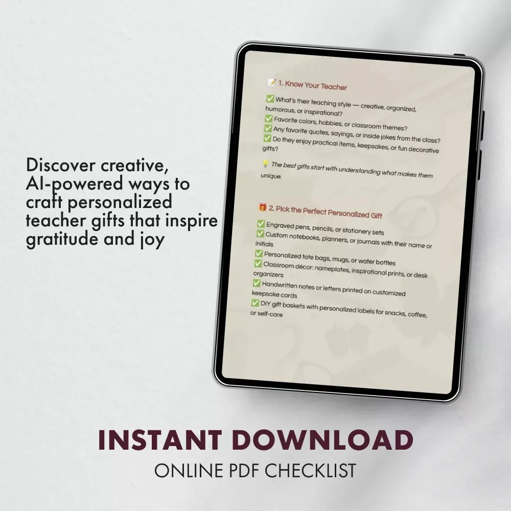 Personalized A+ Teacher Gifts Checklist | Digital Download | Personalized Teacher Gifts Guide for Creative, Thoughtful, and Unique Teacher Appreciation Ideas