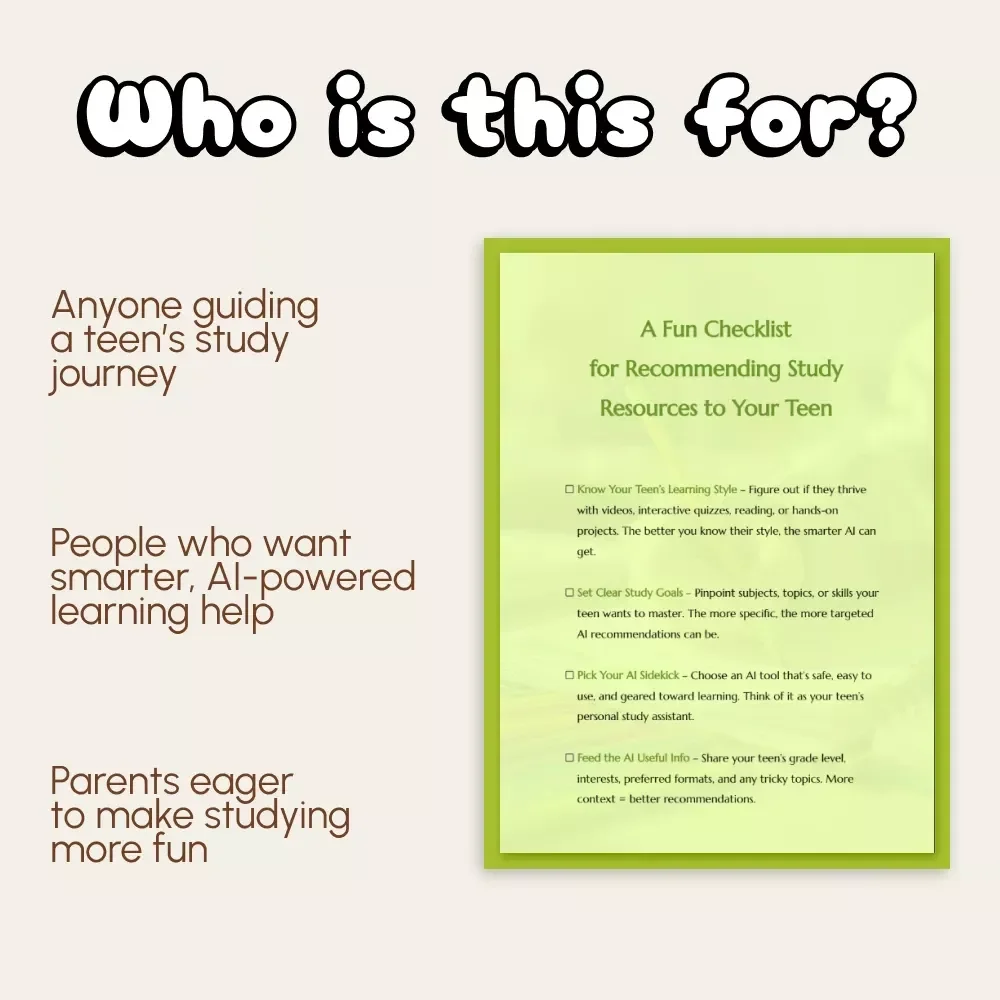 A Fun Checklist for Recommending Study Resources to Your Teen | How to Use AI to Recommend Study Resources for Your Teen | Printable Digital Download for Parents, Educators & Homeschoolers