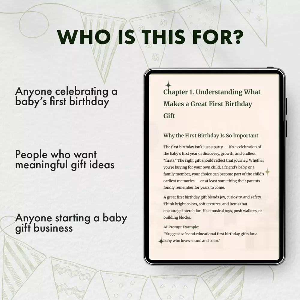 Heartfelt First Birthday Gift Ideas | eBook for Parents, Grandparents & Friends | Digital Download Guide for Unique First Birthday Gift Ideas, Keepsakes & Creative Inspiration