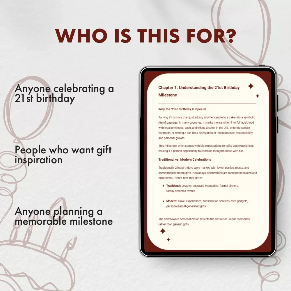 Turning 21 in Style: The Ultimate Guide to Unforgettable Birthday Gifts | Gift Suggestions for 21st Birthday | Digital Download eBook for Unique, Personalized, and Trendy 21st Birthday Gift Ideas