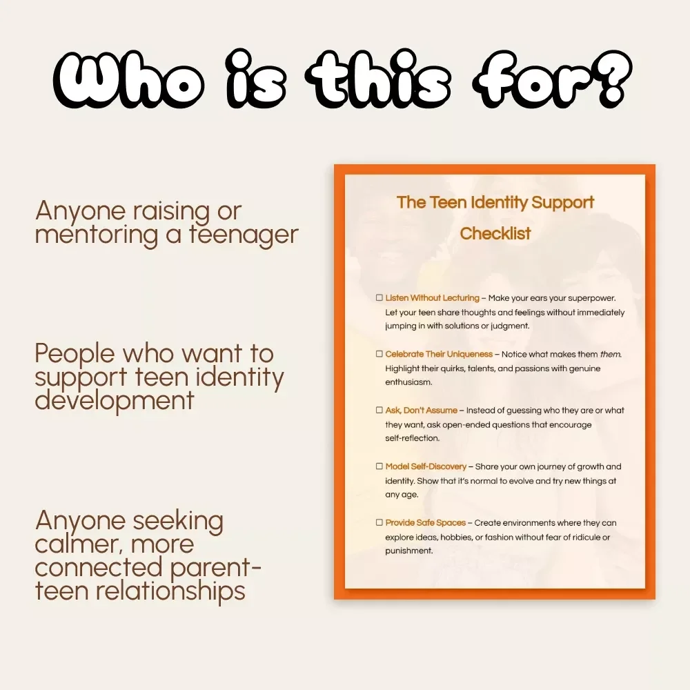 The Teen Identity Support Checklist | Digital Parenting Guide for Raising Confident Teens | Printable Self-Discovery & Emotional Support Tool for Parents