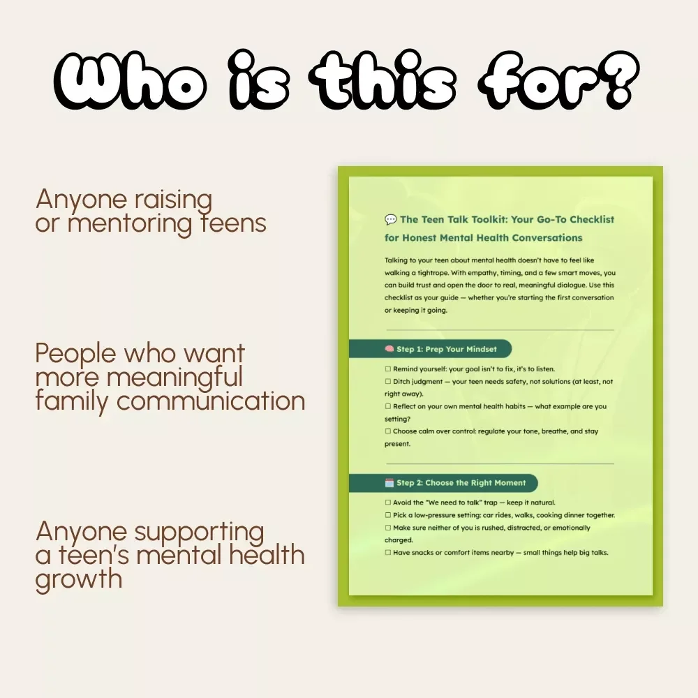 The Teen Talk Toolkit: Your Go-To Checklist for Honest Mental Health Conversations | Printable Digital Download | How to Talk to Your Teen About Mental Health Guide