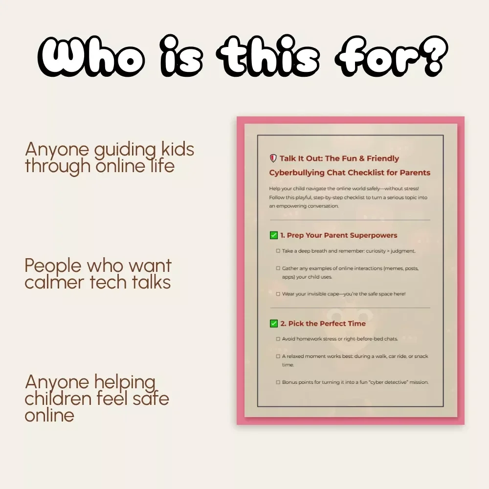 Talk It Out: The Fun & Friendly Cyberbullying Chat Checklist for Parents | Digital Download Guide on How to Talk to Your Child About Cyberbullying | Printable Parenting Resource for Open Conversations