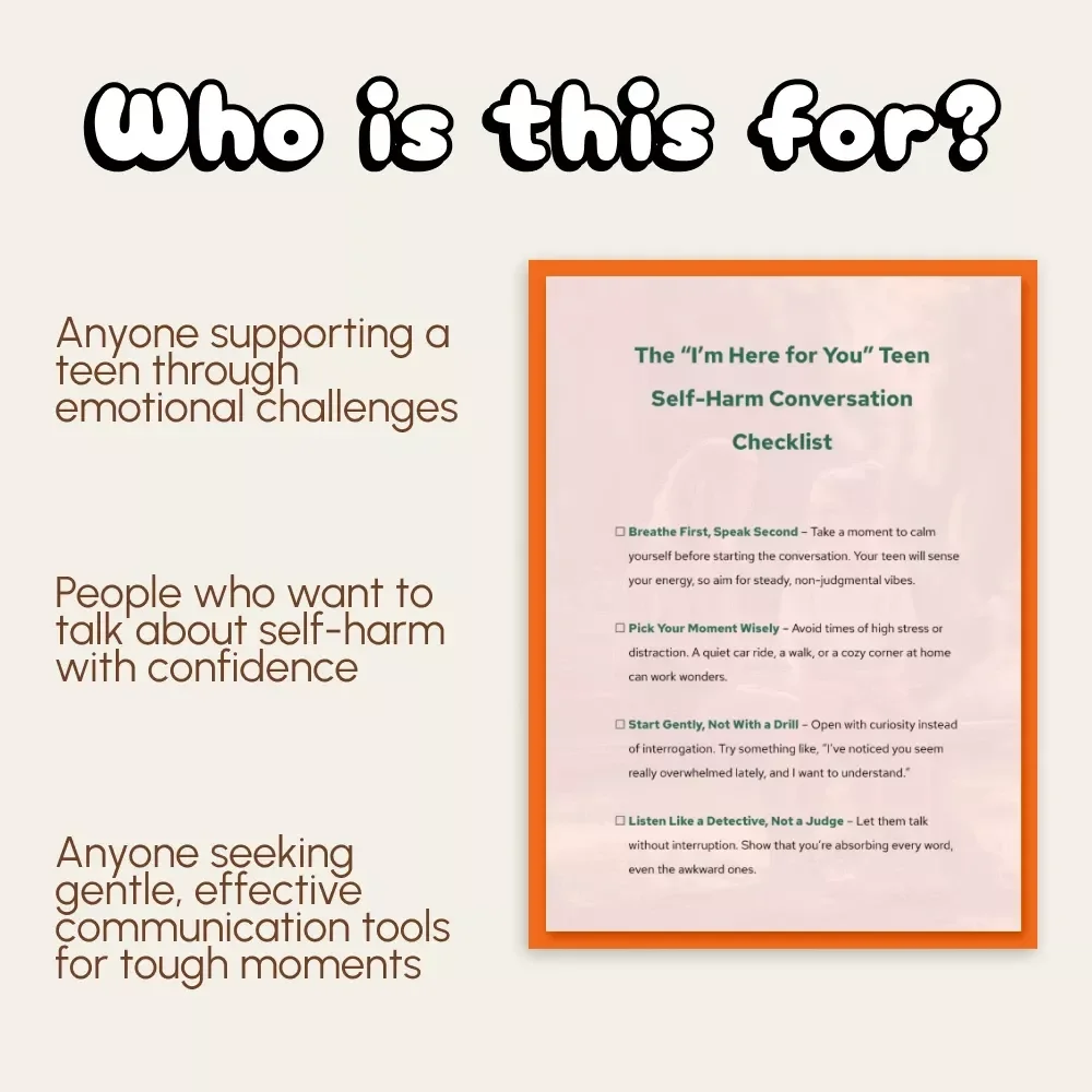The “I’m Here for You” Teen Self-Harm Conversation Checklist | Digital Download Parent Guide | Gentle Communication Tips for Parents of Teens | Printable Mental Health Support Tool