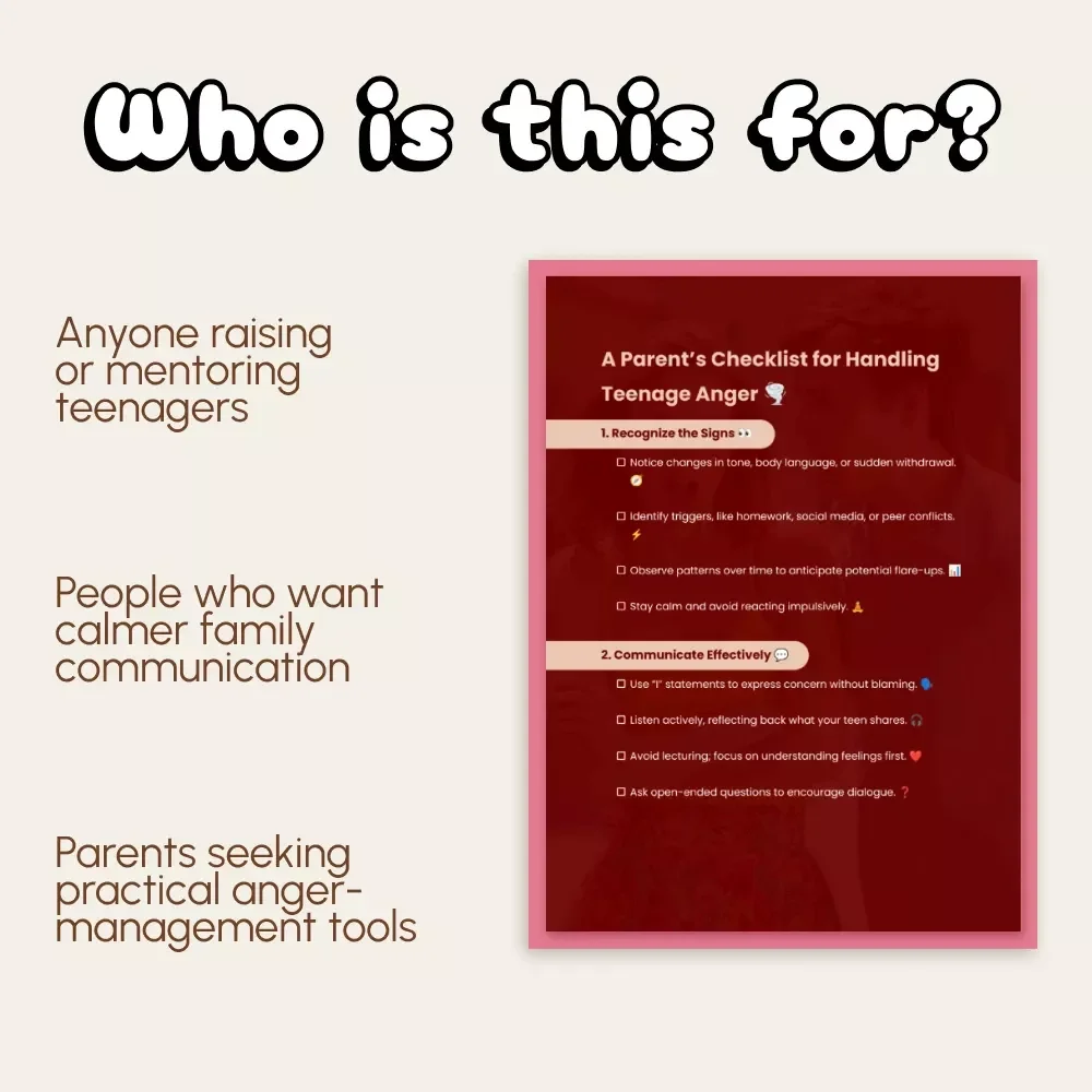 A Parent’s Checklist for Handling Teenage Anger | Printable Digital Download | How to Handle Teenage Anger Guide for Calm Communication, Boundaries & Emotional Support