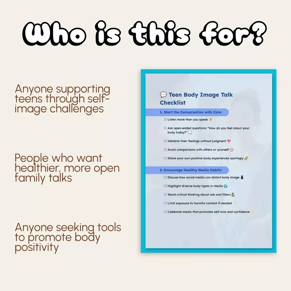 Teen Body Image Talk Checklist | Printable Digital Download | How to Talk to Your Teen About Body Image | Positive Parenting Guide for Healthy Conversations
