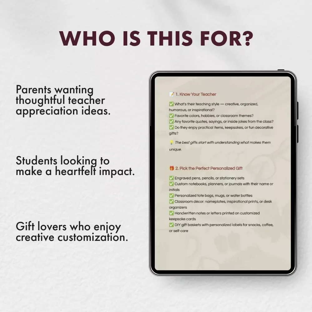 Personalized A+ Teacher Gifts Checklist | Digital Download | Personalized Teacher Gifts Guide for Creative, Thoughtful, and Unique Teacher Appreciation Ideas