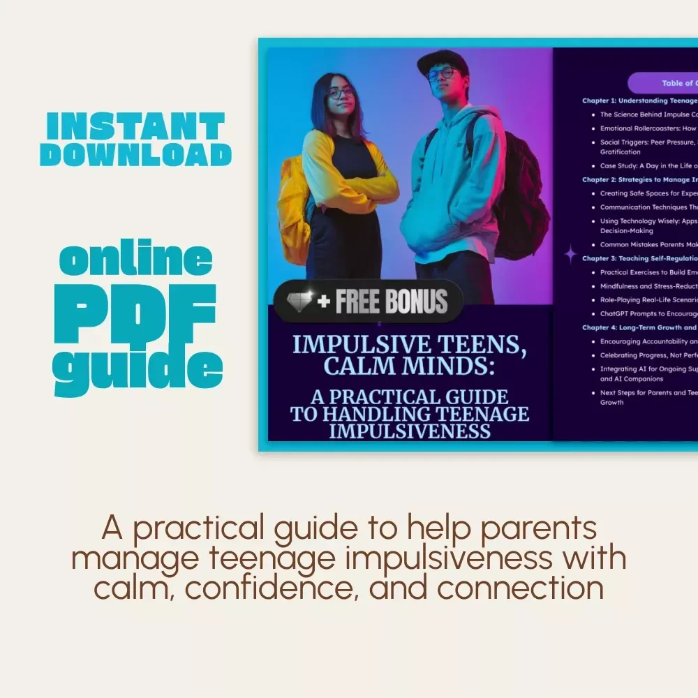 Impulsive Teens, Calm Minds: A Practical Guide to Handling Teenage Impulsiveness | Parenting eBook | Digital Download for Teen Behavior Support & Emotional Regulation