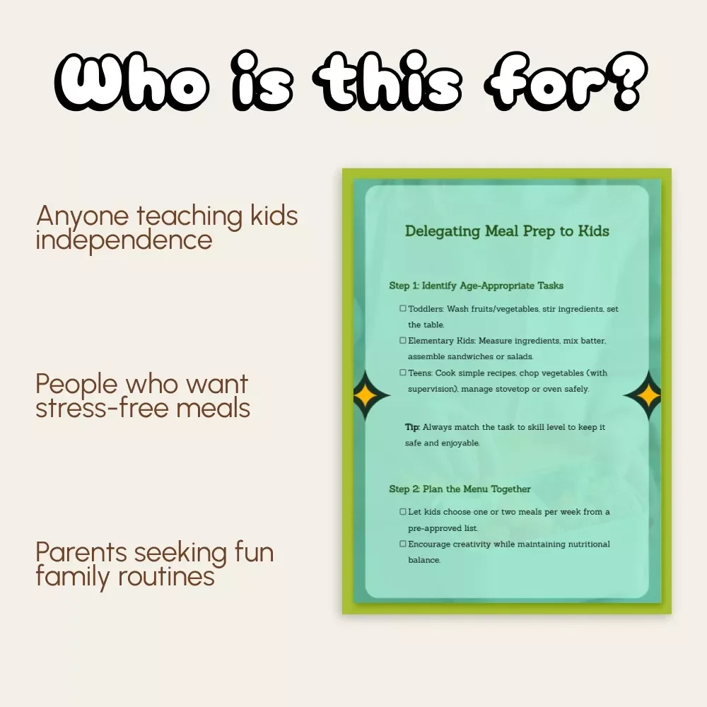 Delegating Meal Prep to Kids Checklist | Printable Family Guide for Teaching Kids How to Delegate Meal Preparation, Cooking Confidence & Responsibility