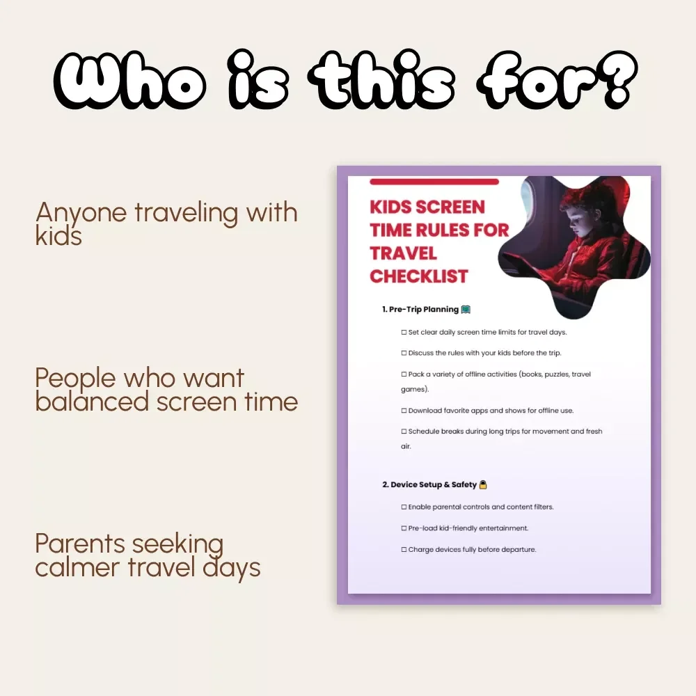 Kids Screen Time Rules for Travel Checklist | Printable Digital Download | Family Travel Guide for Managing Screen Time on Trips | Screen Time Rules for Travel for Parents & Kids