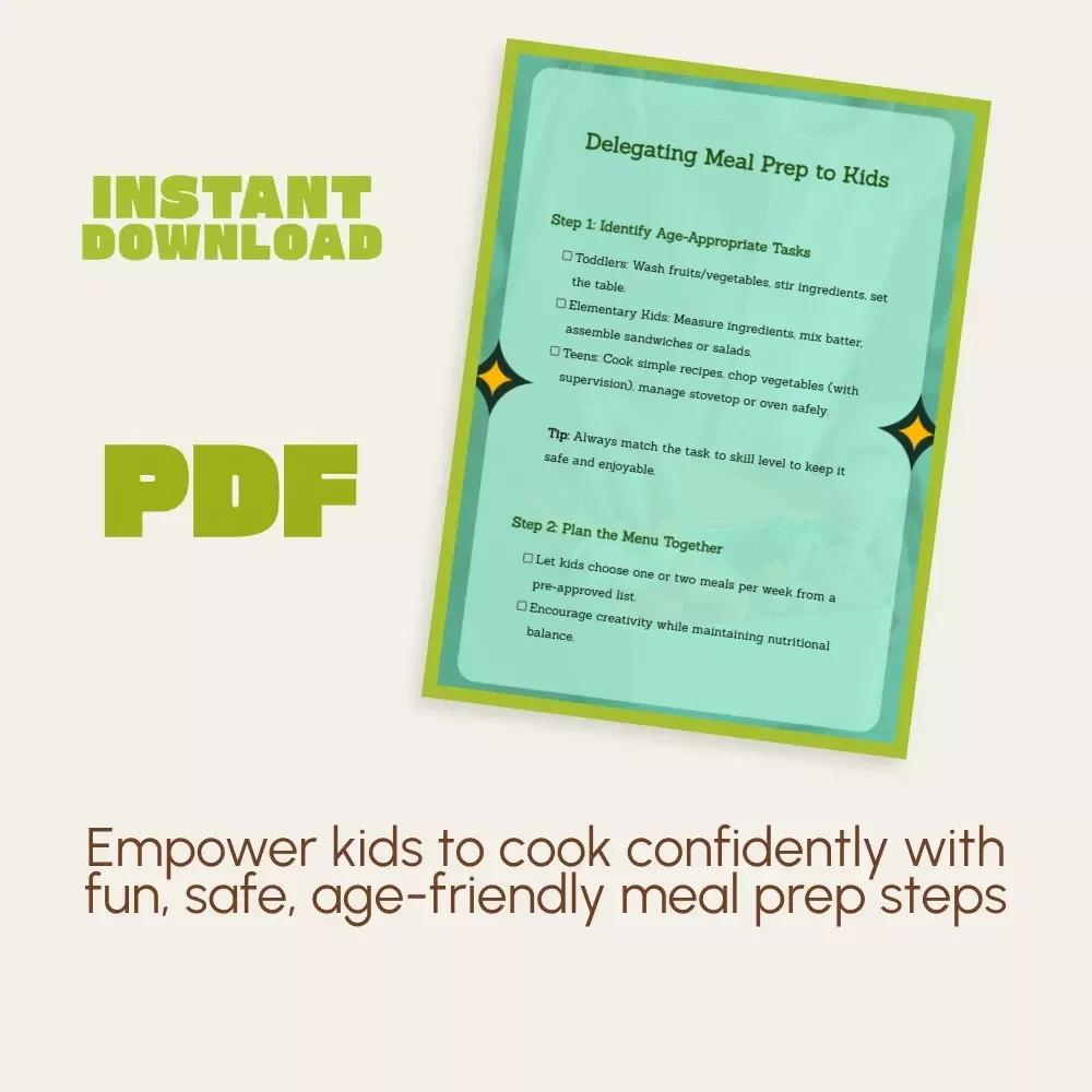 Delegating Meal Prep to Kids Checklist | Printable Family Guide for Teaching Kids How to Delegate Meal Preparation, Cooking Confidence & Responsibility