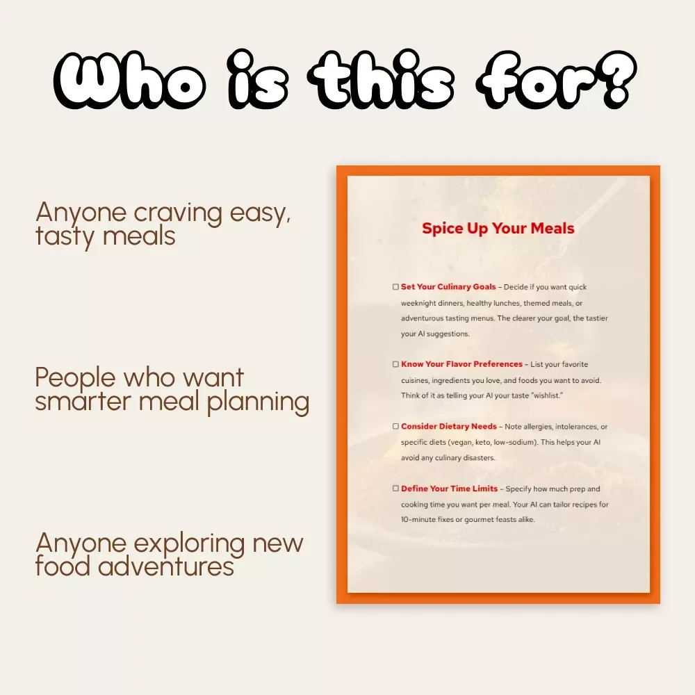 Spice Up Your Meals – Printable AI Meal Planning Checklist | Digital Download for Home Cooks | How to Ask AI for Meal Variety Planners | Culinary Goals & Flavor Preferences Organizer