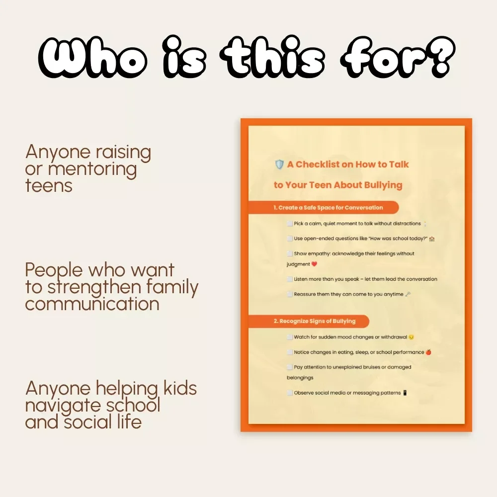 A Checklist on How to Talk to Your Teen About Bullying | Digital Parenting Guide | Printable PDF for Parents | Conversation Tips & Teen Support Resource
