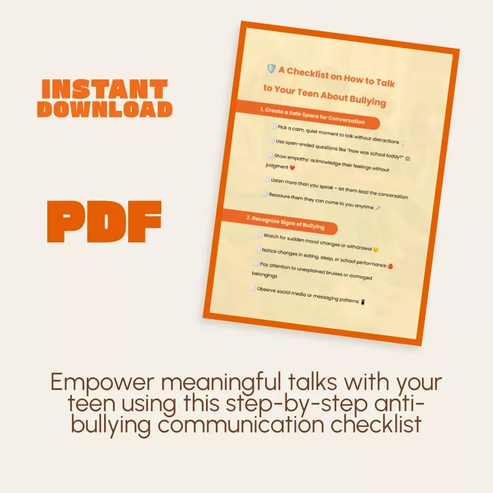 A Checklist on How to Talk to Your Teen About Bullying | Digital Parenting Guide | Printable PDF for Parents | Conversation Tips & Teen Support Resource