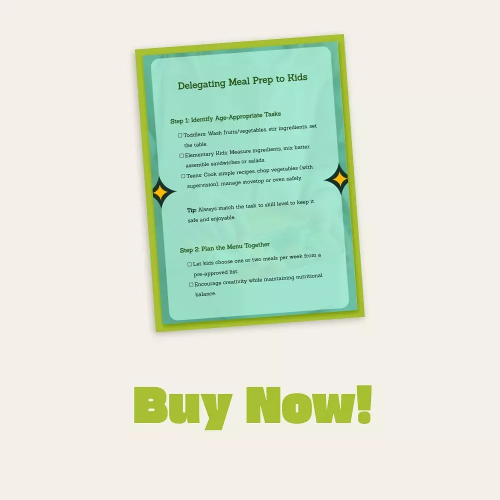 Delegating Meal Prep to Kids Checklist | Printable Family Guide for Teaching Kids How to Delegate Meal Preparation, Cooking Confidence & Responsibility