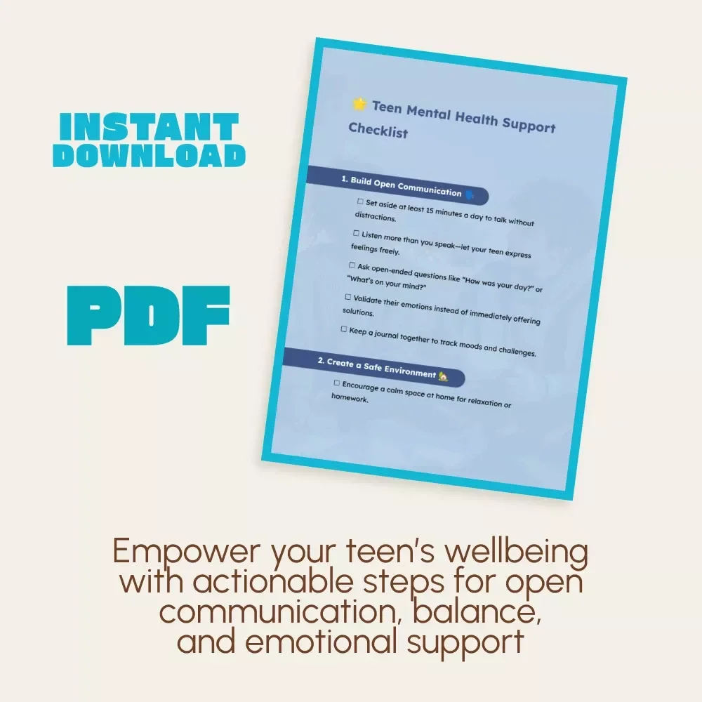 Teen Mental Health Support Checklist | Printable Digital Download | How to Support Your Teen’s Mental Health | Parenting Guide for Emotional Wellbeing