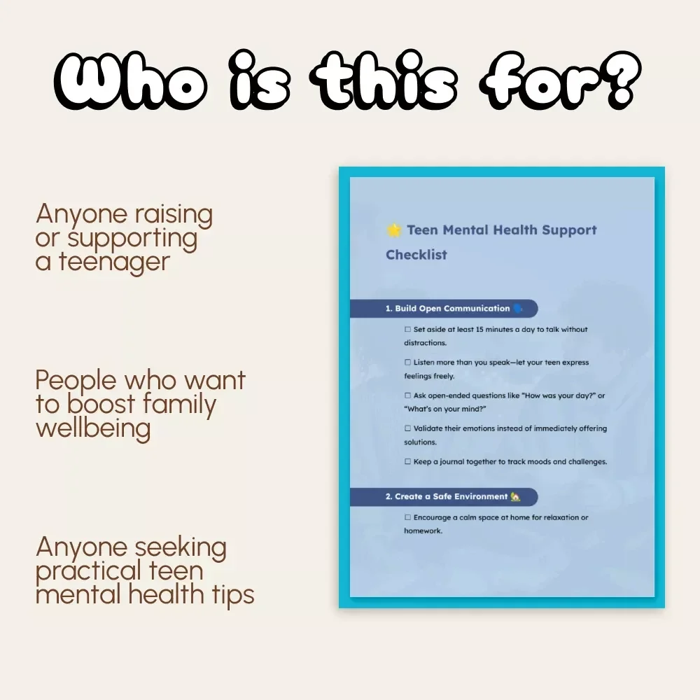 Teen Mental Health Support Checklist | Printable Digital Download | How to Support Your Teen’s Mental Health | Parenting Guide for Emotional Wellbeing