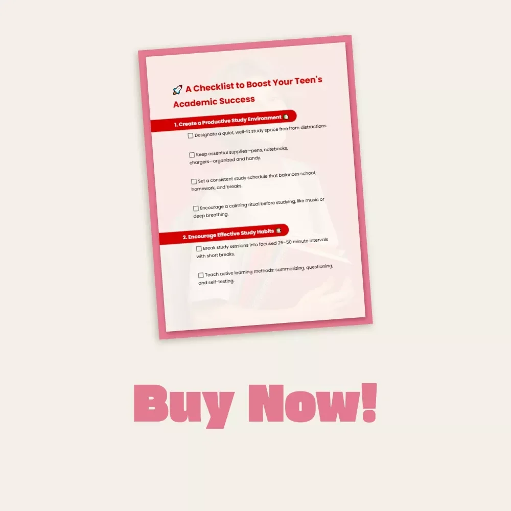A Checklist to Boost Your Teen's Academic Success | Printable Digital Download for Parents | How to Support Your Teen's Academic Success with Study Habits, Motivation & Mindset Tools