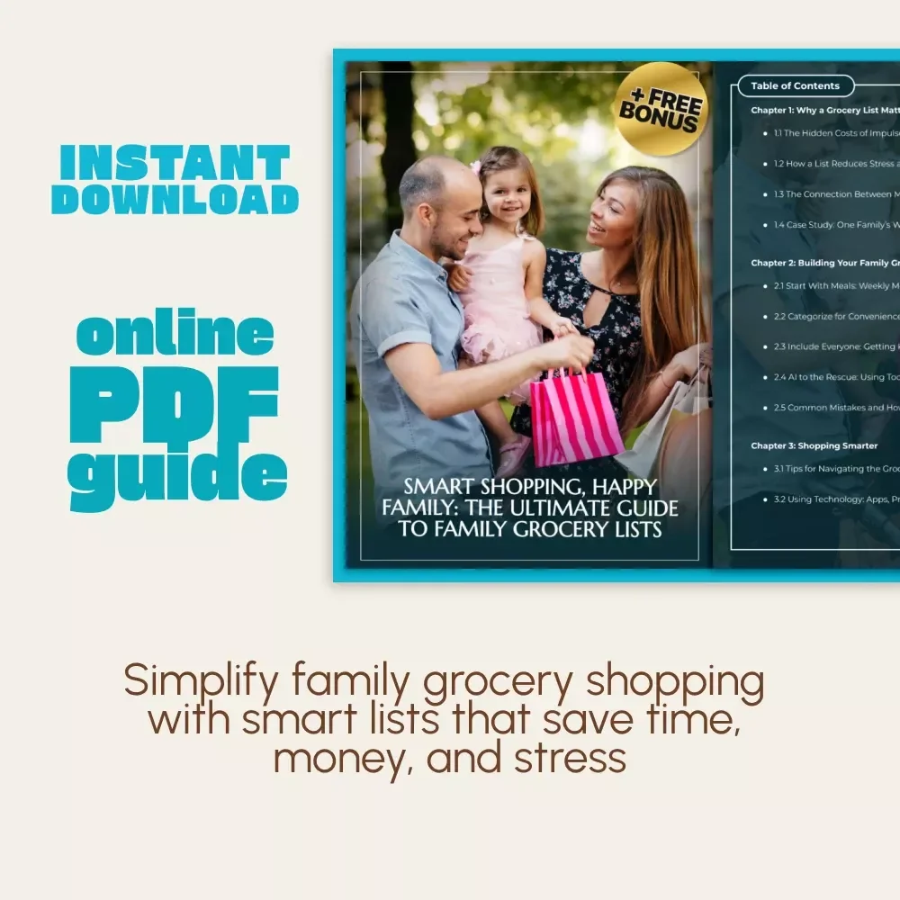 Smart Shopping, Happy Family: The Ultimate Guide to Family Grocery Lists | Printable Digital Guide for Busy Parents | How to Create a Grocery Shopping List for Families | Instant Download