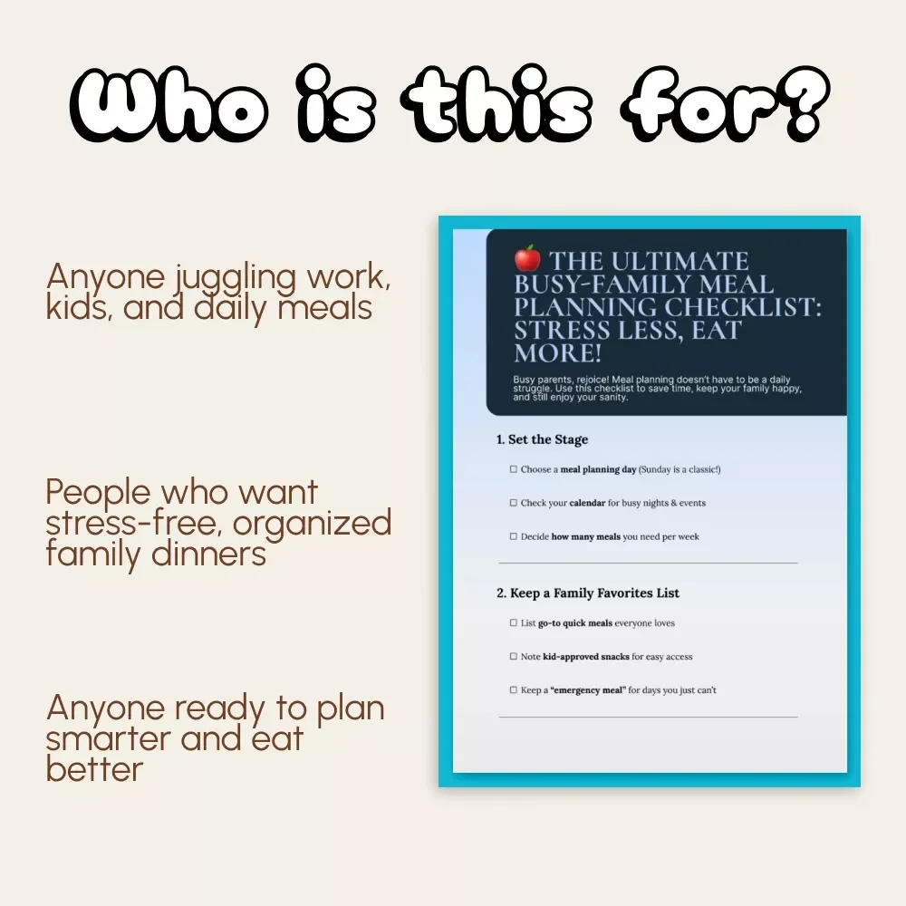 The Ultimate Busy-Family Meal Planning Checklist: Stress Less, Eat More! | Printable Digital Download | Family Meal Planner | Meal Prep Organizer for Moms & Dads | Editable eBook & Checklist