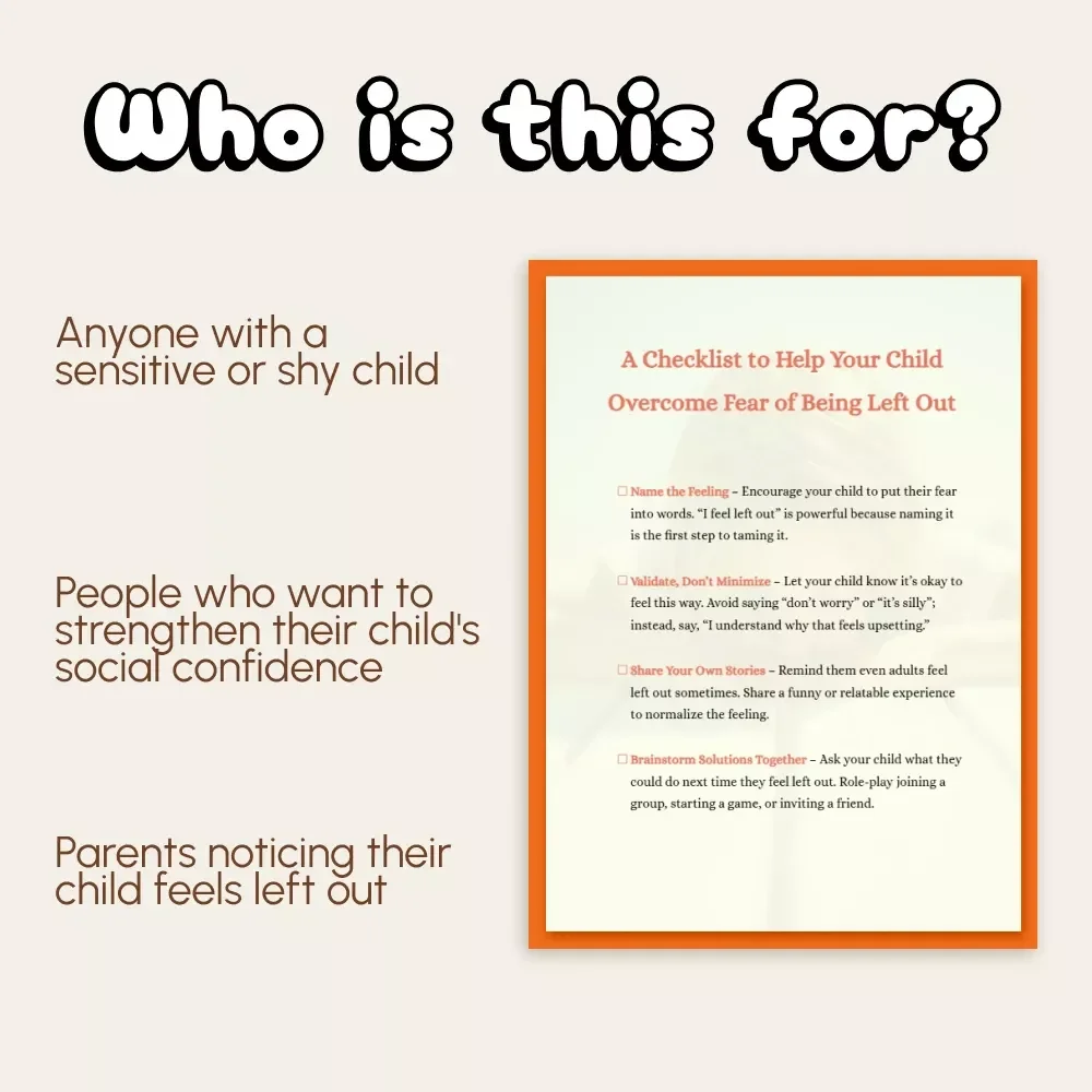 A Checklist to Help Your Child Overcome Fear of Being Left Out | Digital Download for Parents | Guide on How to Handle Child’s Fear of Being Left Out