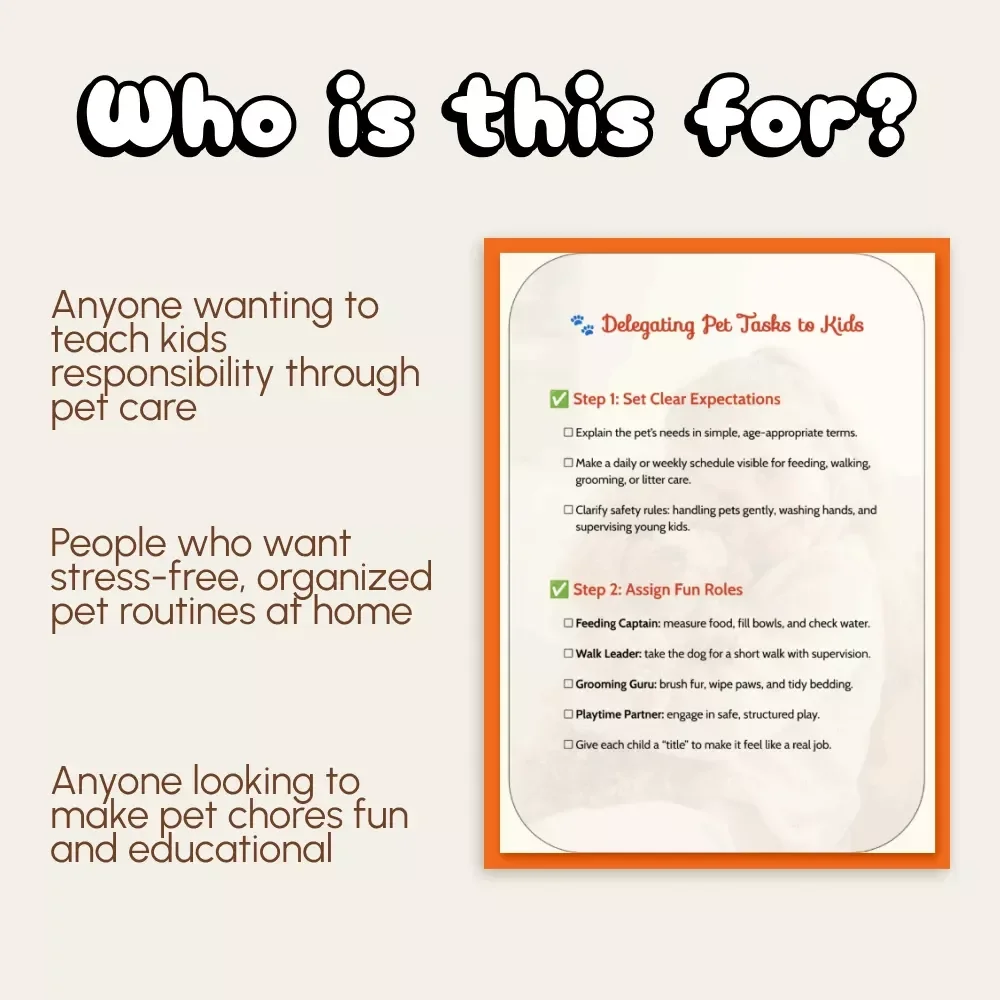 Delegating Pet Tasks to Kids | Printable Pet Care Guide, eBook & Checklist | Teach Kids Responsibility, Chores, and Pet Care Routines | Family Pet Planner Digital Download
