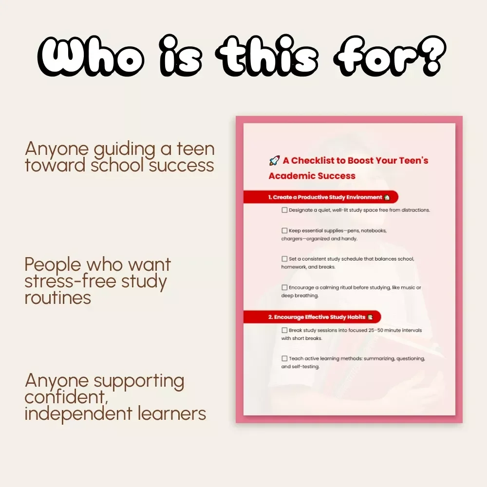 A Checklist to Boost Your Teen's Academic Success | Printable Digital Download for Parents | How to Support Your Teen's Academic Success with Study Habits, Motivation & Mindset Tools